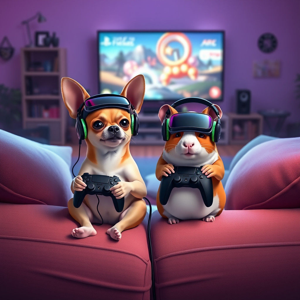 Chihuahua and Guinea Pig Gaming on PS5