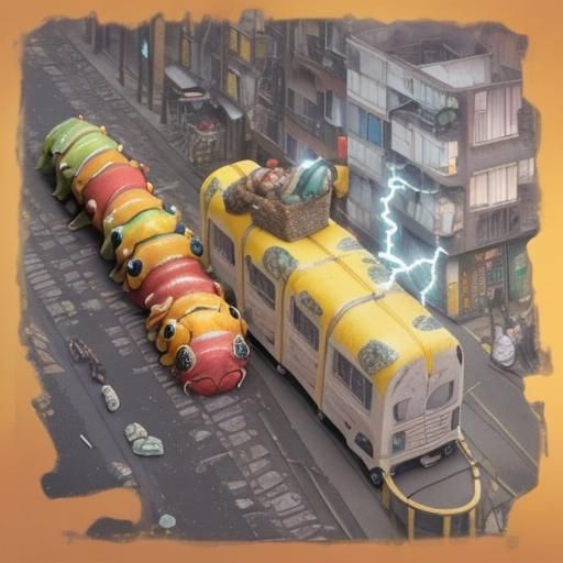 Papiermâché caterpillar crawling around a close up of a dirty city