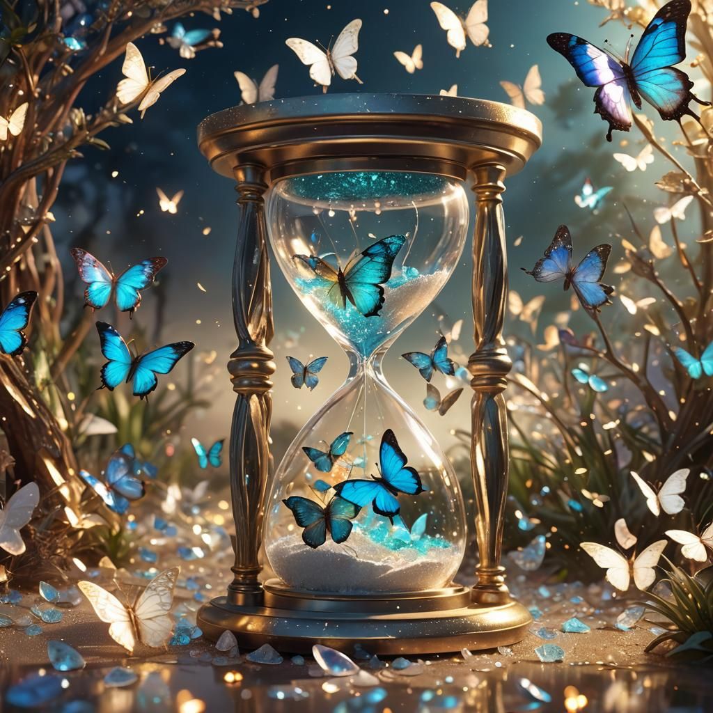 Stunning iridescent, bio-luminescent hour glass shining in t...