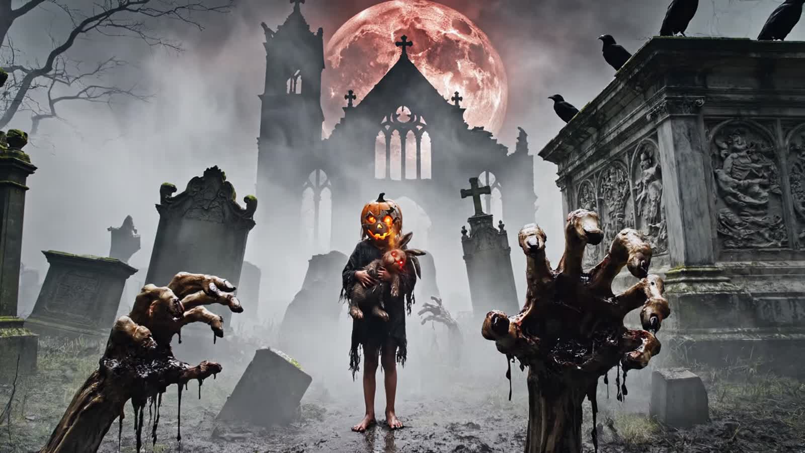 In the thick fog of a Victorian cemetery, a small child stands barefoot among crooked tombstones. His face is hidden by ...