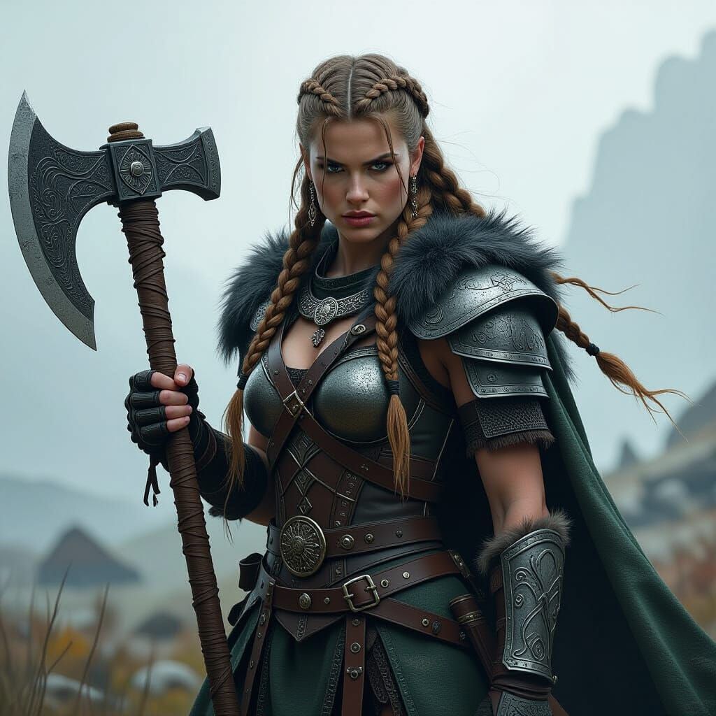 A fierce Viking warrior maiden, clad in ornate, weathered armor. Her long, braided hair whips in the gale as she grips a massive axe. The sc...