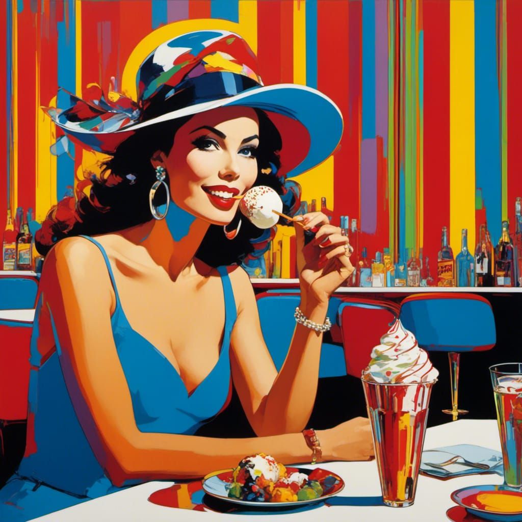 <lora:Pop Art style:1.0> portrait of woman enjoying ice cream ,