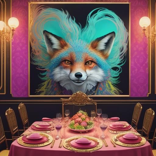 An anthropomorphic fox wearing a tuxedo at a dinner party.