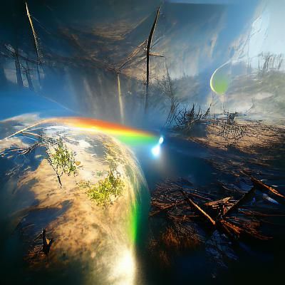 The Earth being pierced by an arrow of rainbow light