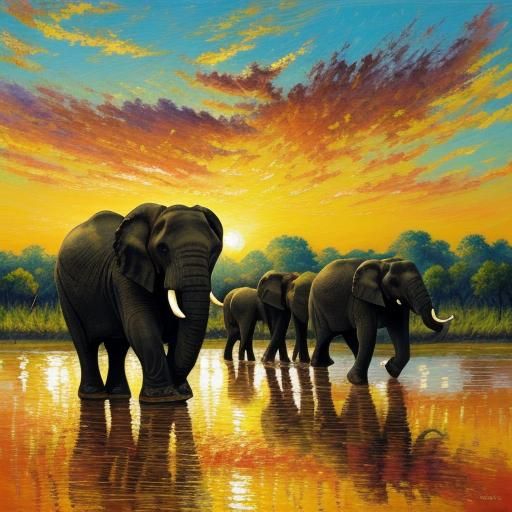 Elephants in Golden Sunset: Neo-Impressionist Oil Painting