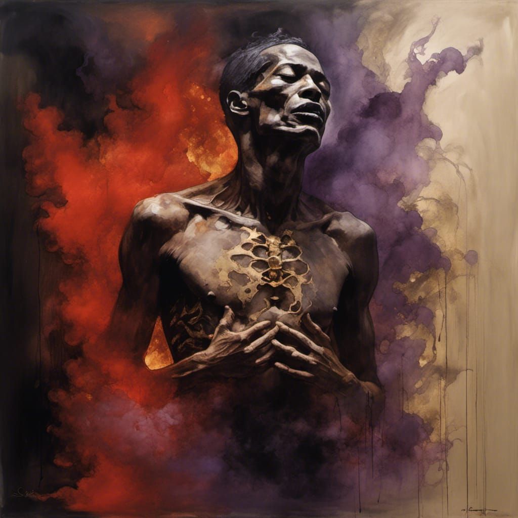 The soul leaving the body, detailed representation of smoke coming out from the (chest) of a man, the smoke itself forms macabre surrealist...