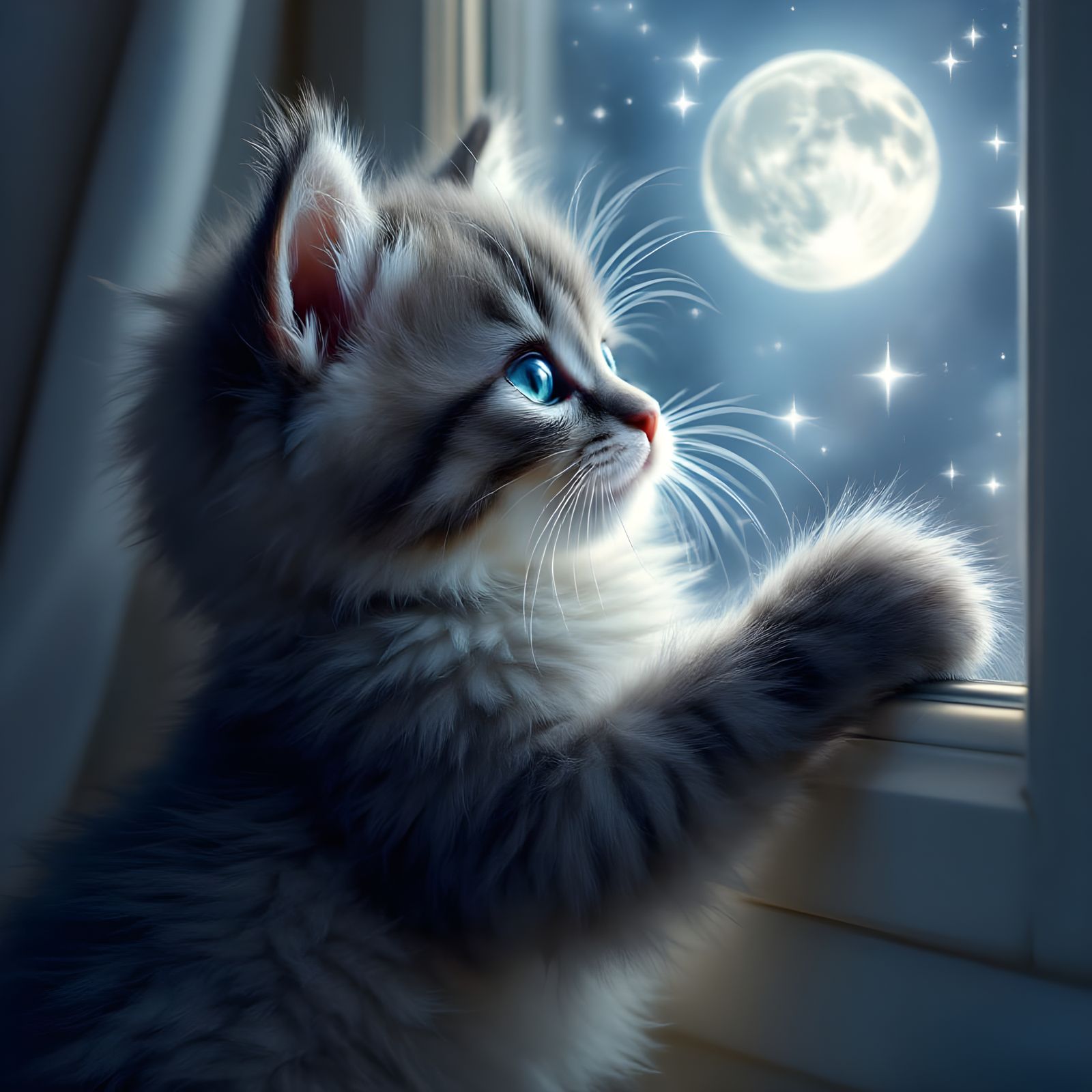 Whimsical Grey Kitten Peers Out at a Starry Night