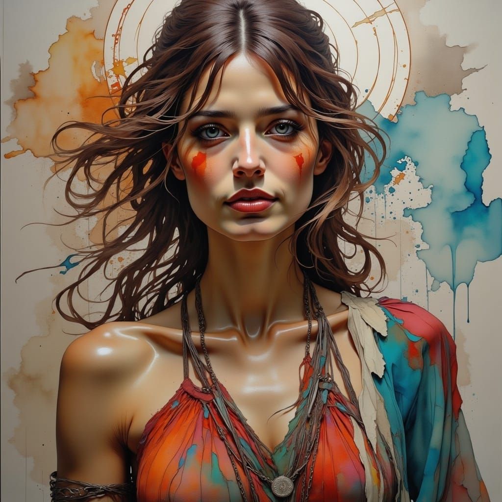 Extreme Closeup gorgeous gypsy woman, half smile, Distorted Unbalanced Reality, Wadim Kashin, Willem Haenraets, handsome, athletic woman <lo...