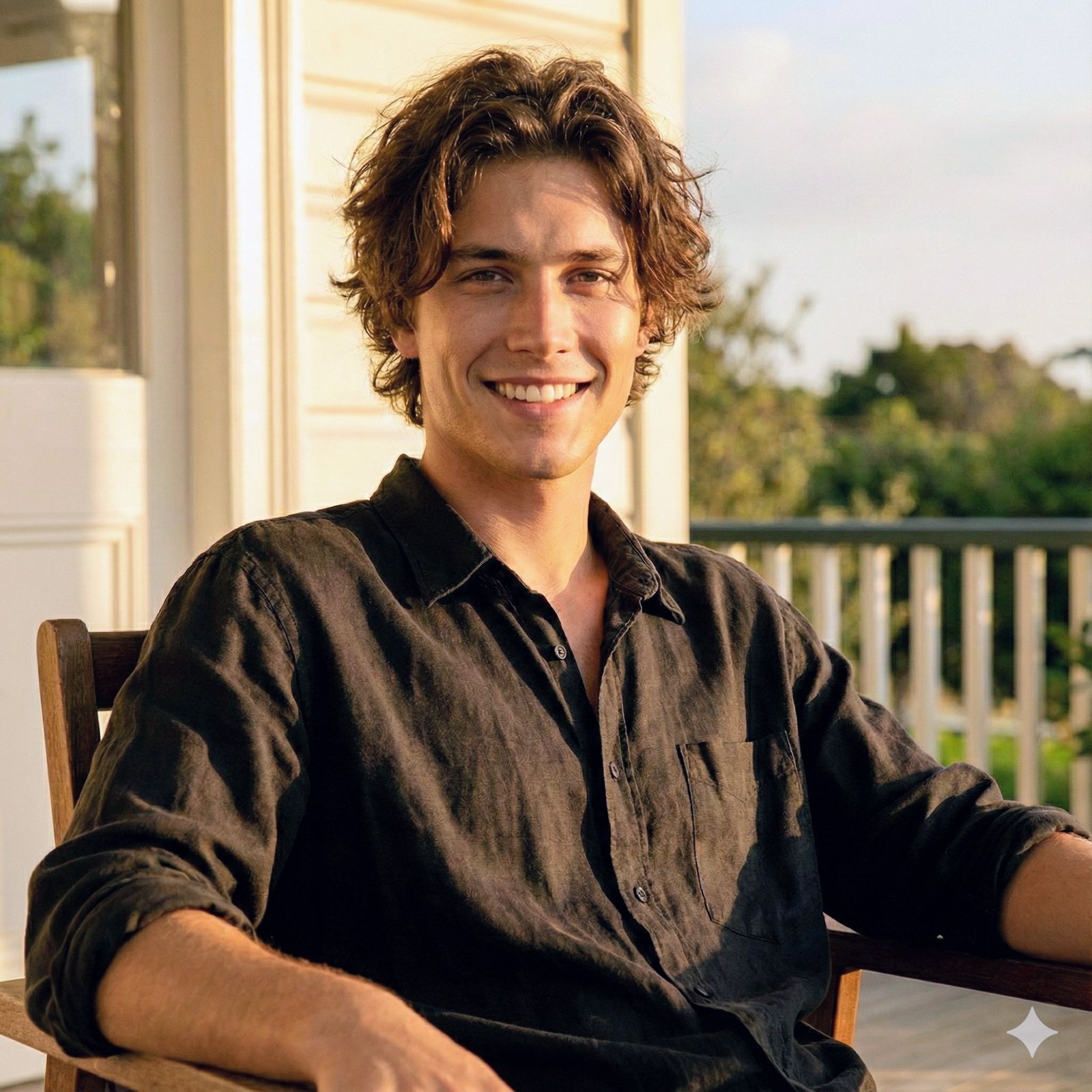 A young man with wavy brown hair and a warm smile sits on a wooden chair on a porch. He is wearing a dark button-down sh...
