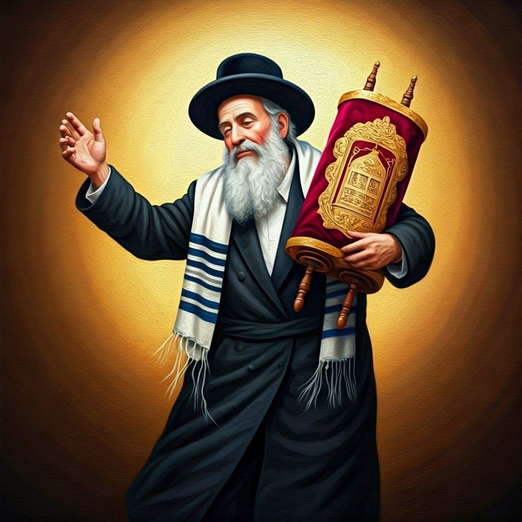 Hasidic Man Dancing with Torah Scroll in Painterly Style