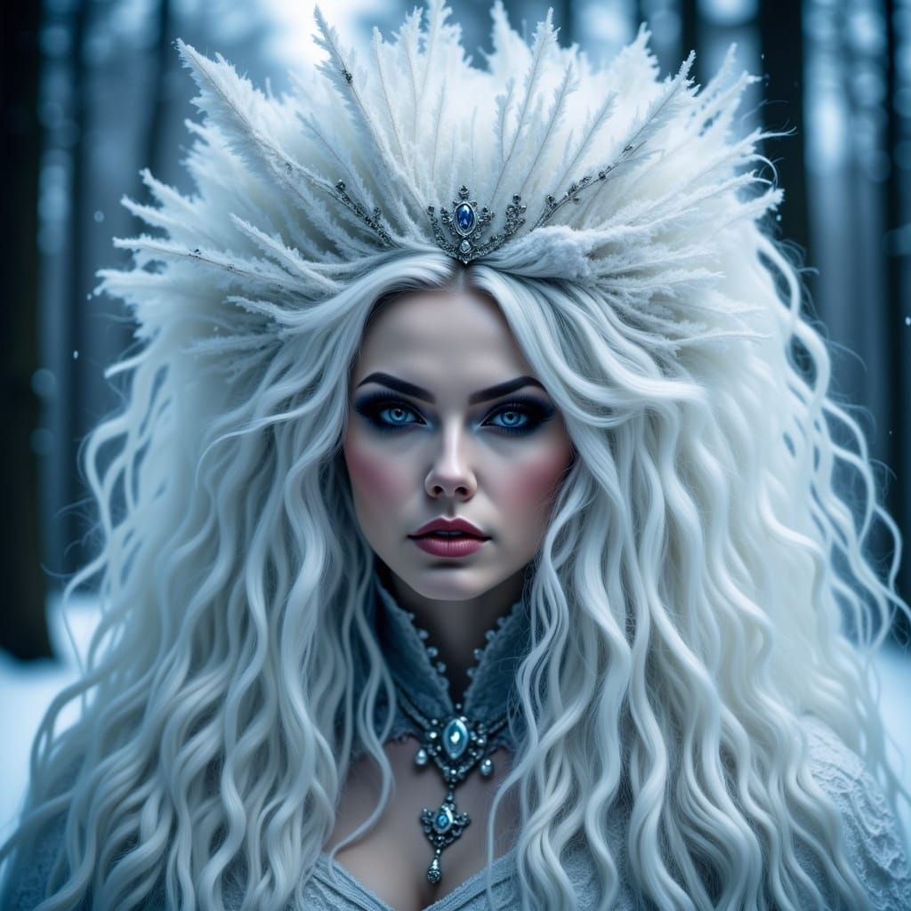 <lora:Gothic Beauty Flux:1.0> half-body headshot, beautiful gothic white winter sorceress queen with very big curly white windswept hair, bl...