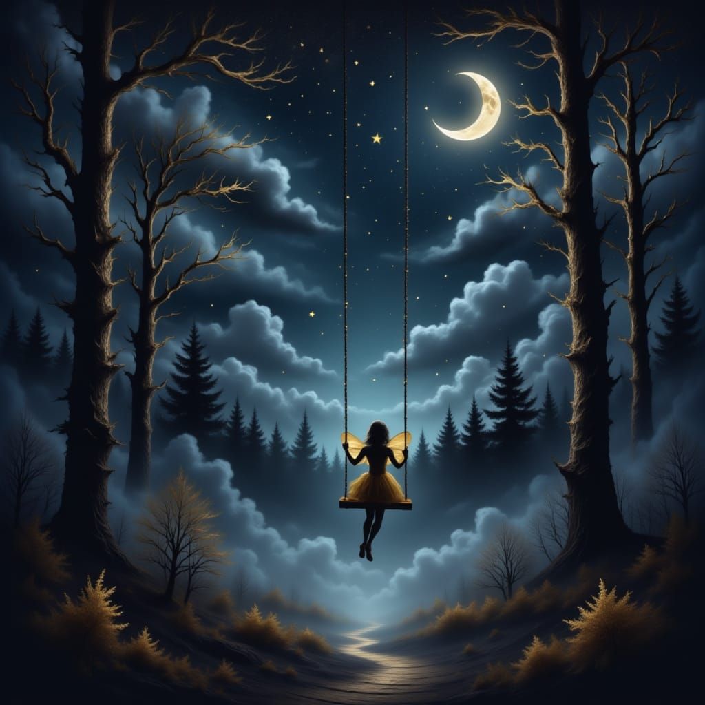 <lora:Ominous Skies:1.0> a fairy on a swing night sky in the woods