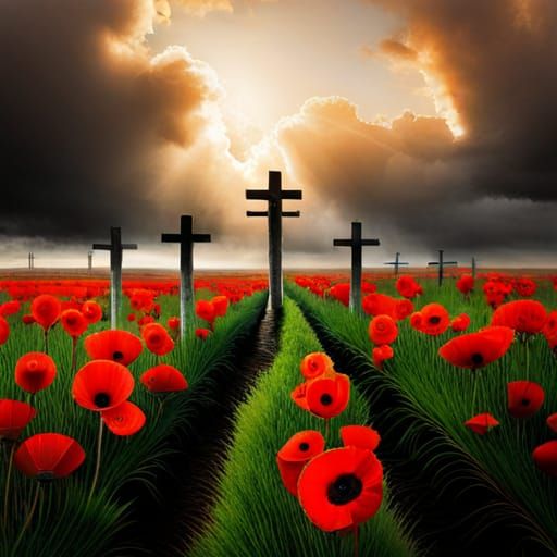 In Flanders Fields the poppies blow Between the crosses row on