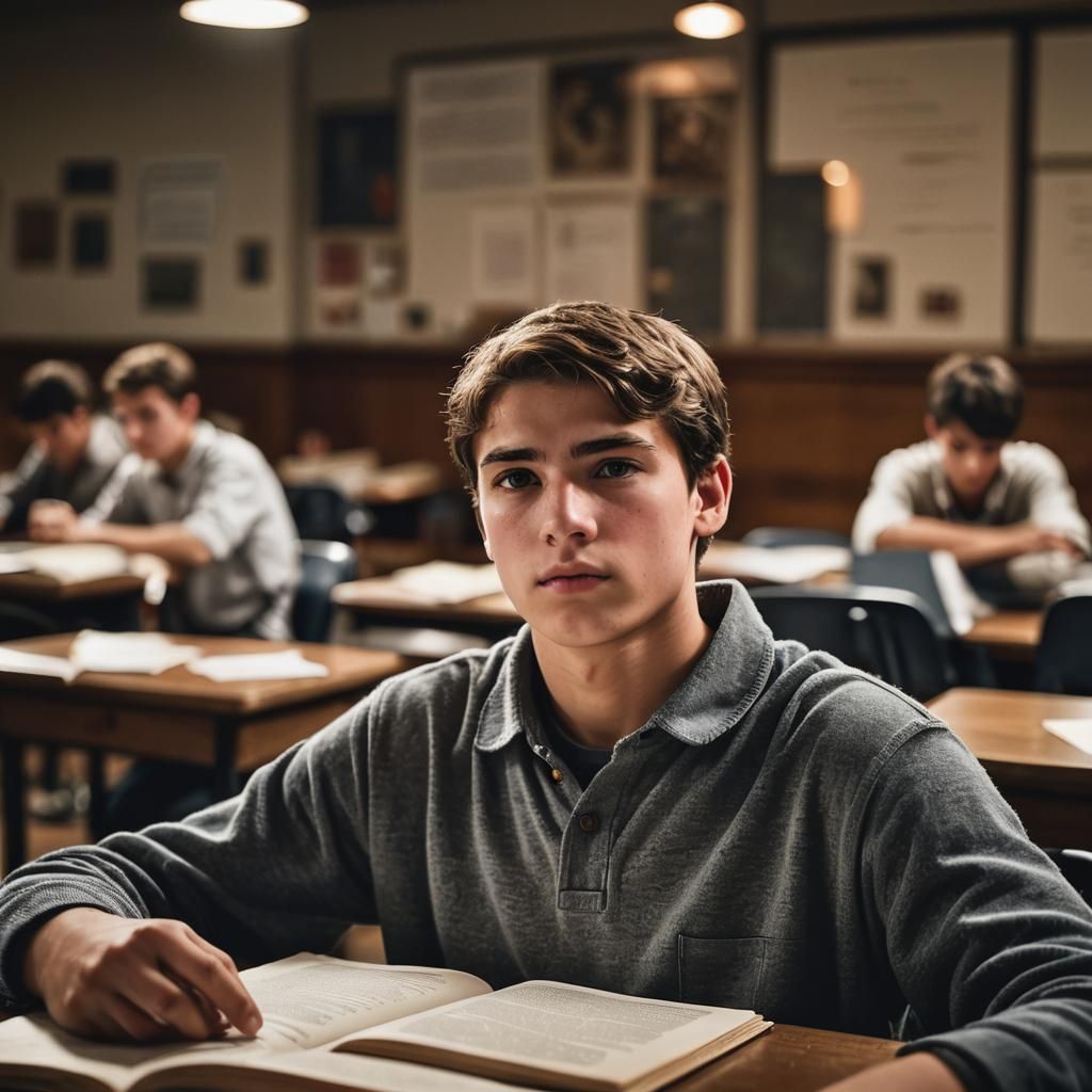 Intense Student Gaze in Classroom Portrait
