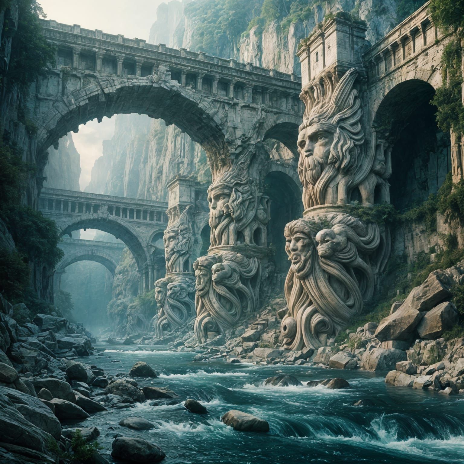 An ancient stone bridge over a deep river with supports in the shape of titans