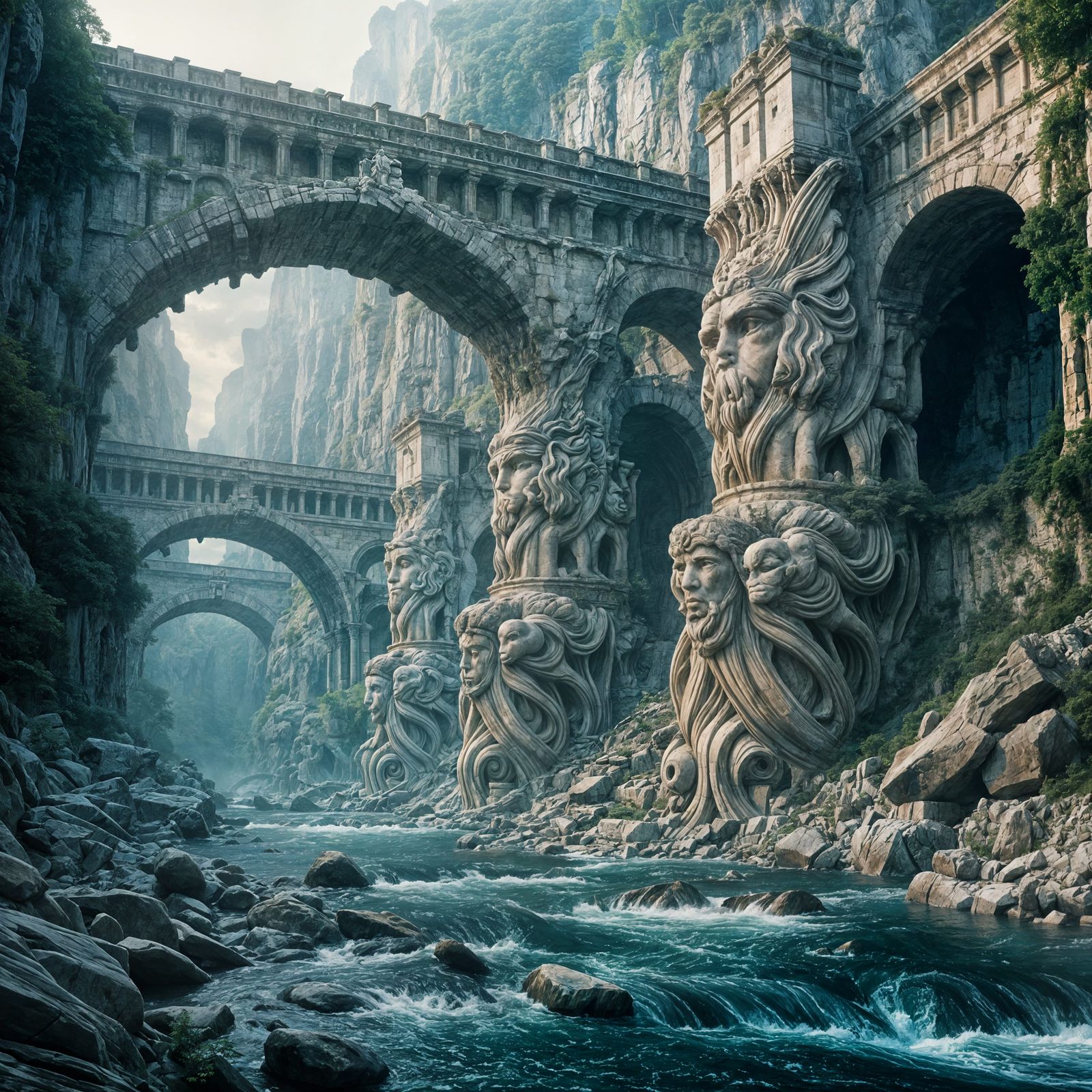 An ancient stone bridge over a deep river with supports in t...