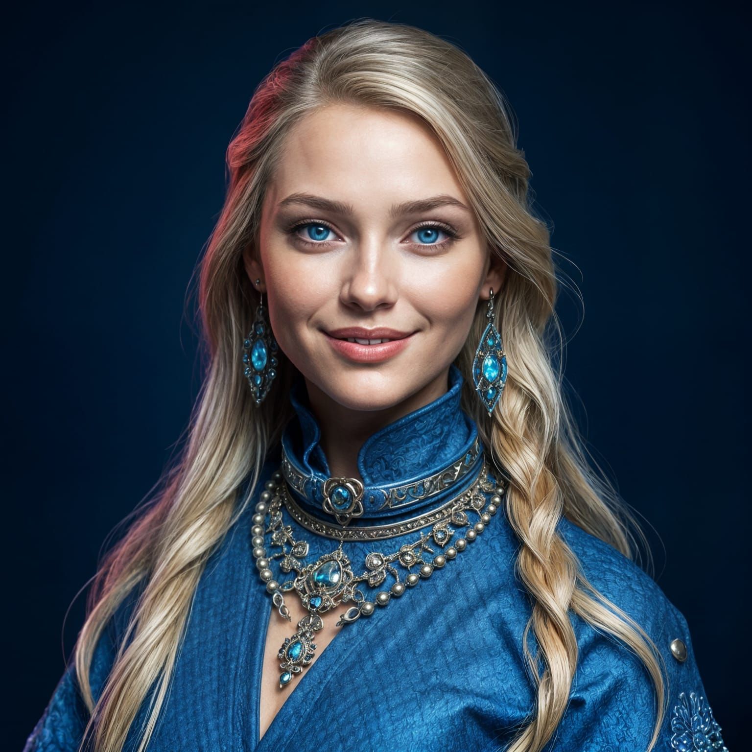 Hyperrealistic portrait of a beautiful northern Russian blonde woman wearing intricately detailed blue clothing and futuristic jewellery. Sh...
