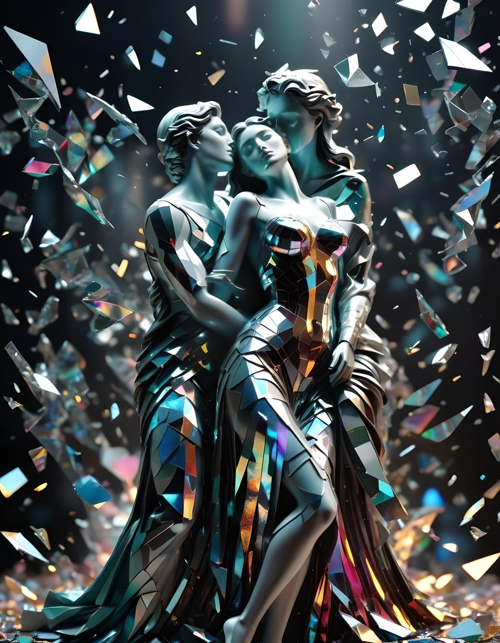Holographic statue of lovers partly shattered in pieces.  by @Evipls