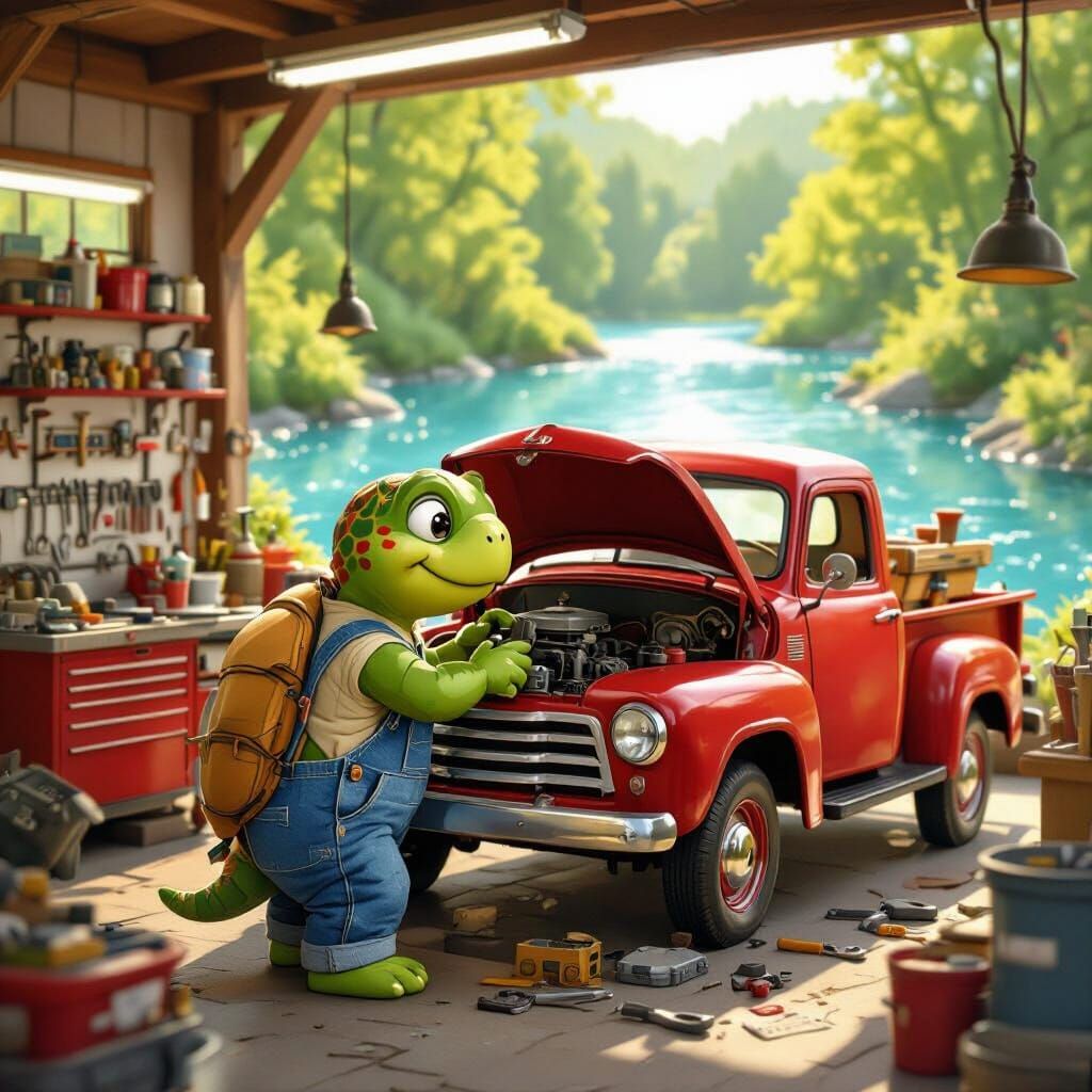 Cute little turtle working on a truck in a mechanic shop with a river behind him