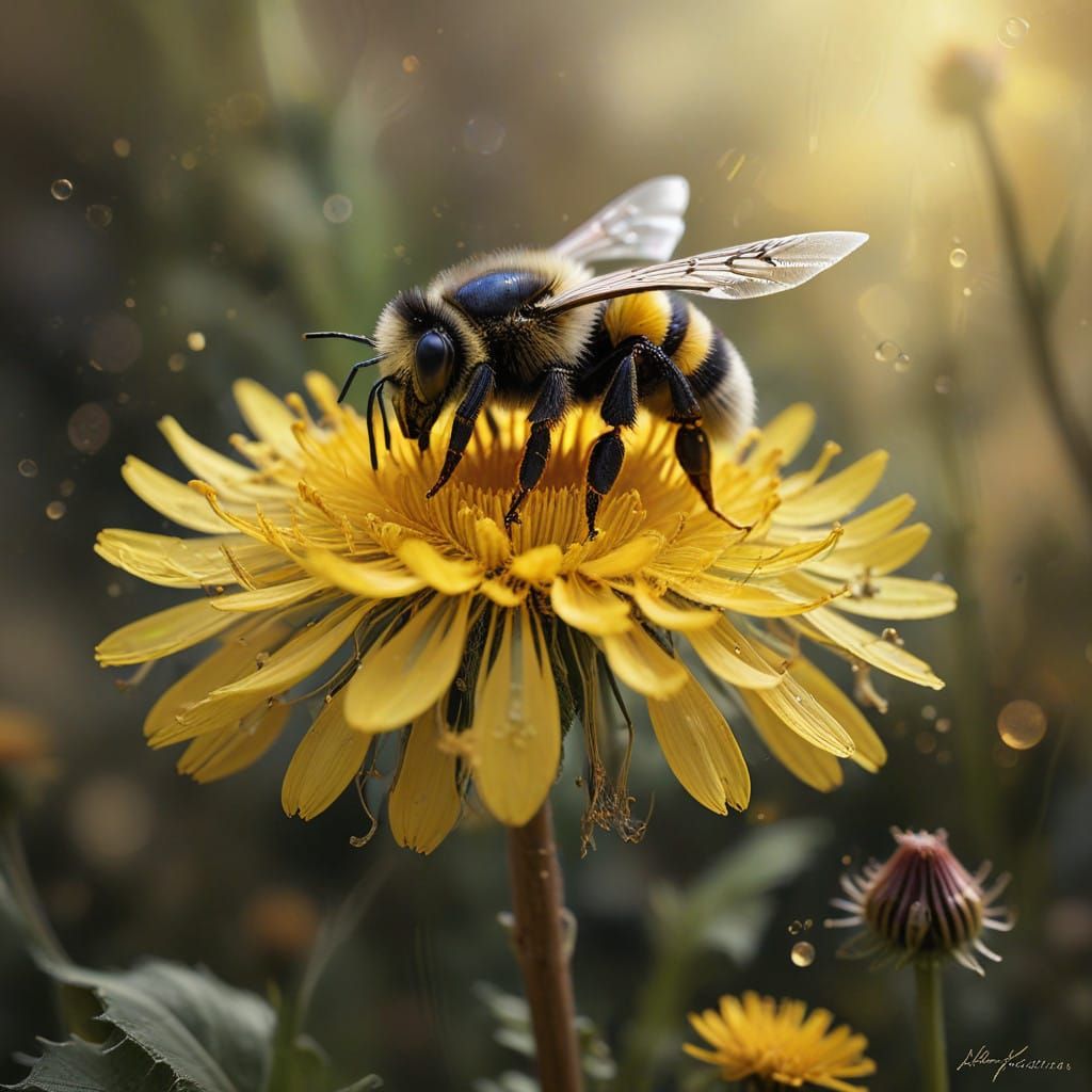 Dandelion visited by a bee  by @Tolino