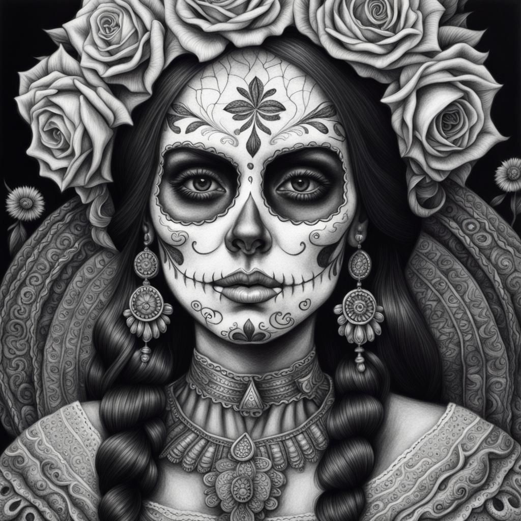 Desenho, preto e branco, Catrina mexicana