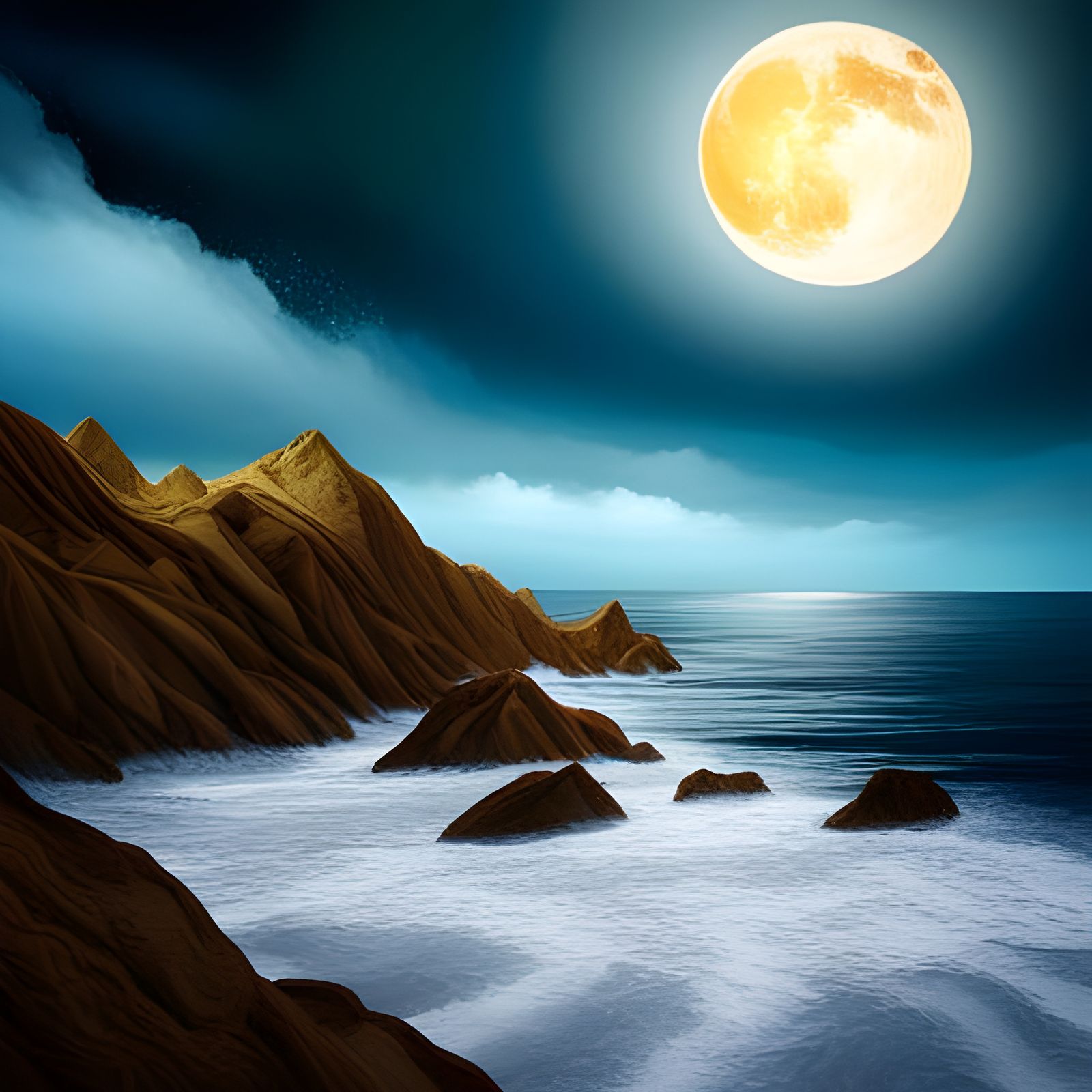 Breathtaking fantasy landscape of a beach with a full moon l...