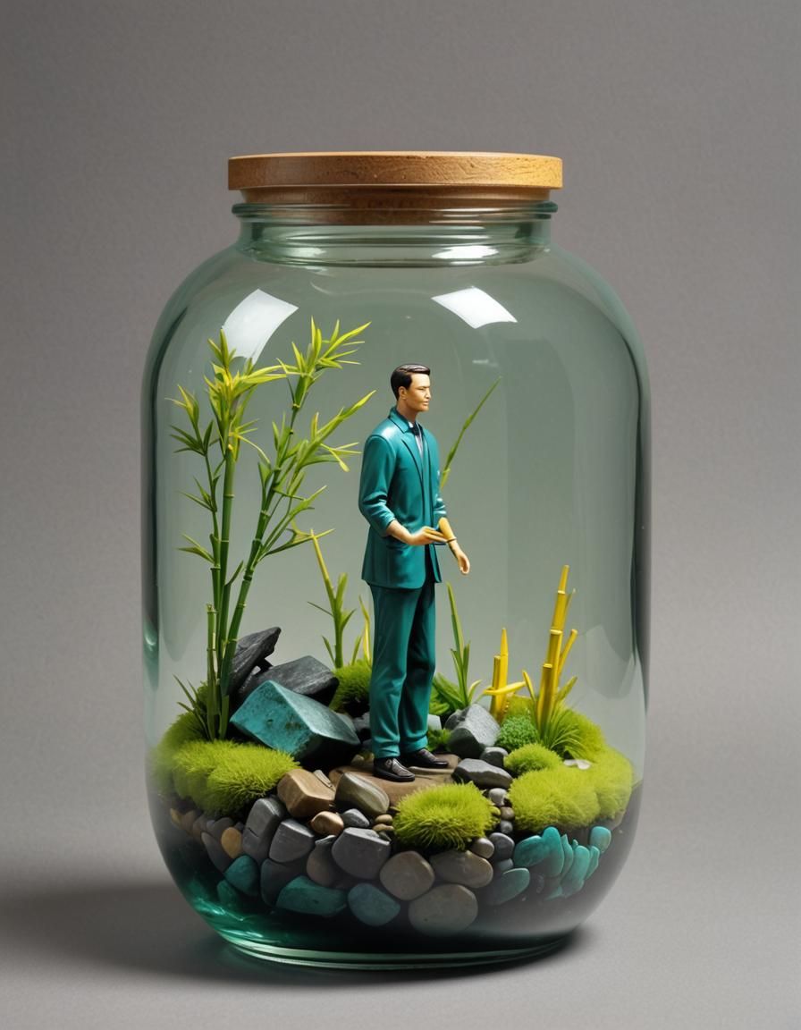 Inside an oval glass jar, is a handsome miniature man, showing abs, mini  landscape with yellow trunk bamboo branches and a small waterfall - AI  Generated Artwork - NightCafe Creator