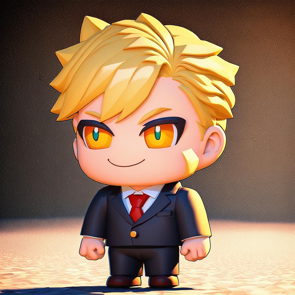 中分頭 穿西裝 3頭身 大約25歲 金髮 笑臉 手稍微握拳的Q版動畫全身
人物圖 正面 平面 單人 全身轉正
