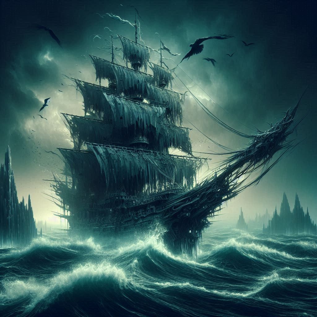 eerie ghost ship that glide and crash through the waves by wind and storm in their sails 3
