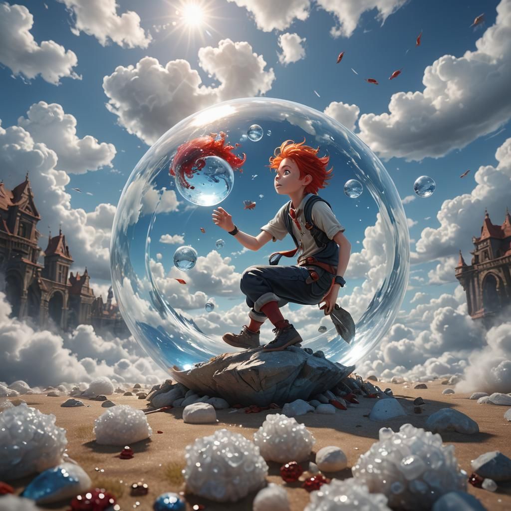 Boy with Fish Tail in Glass Ball, Fantasy Art