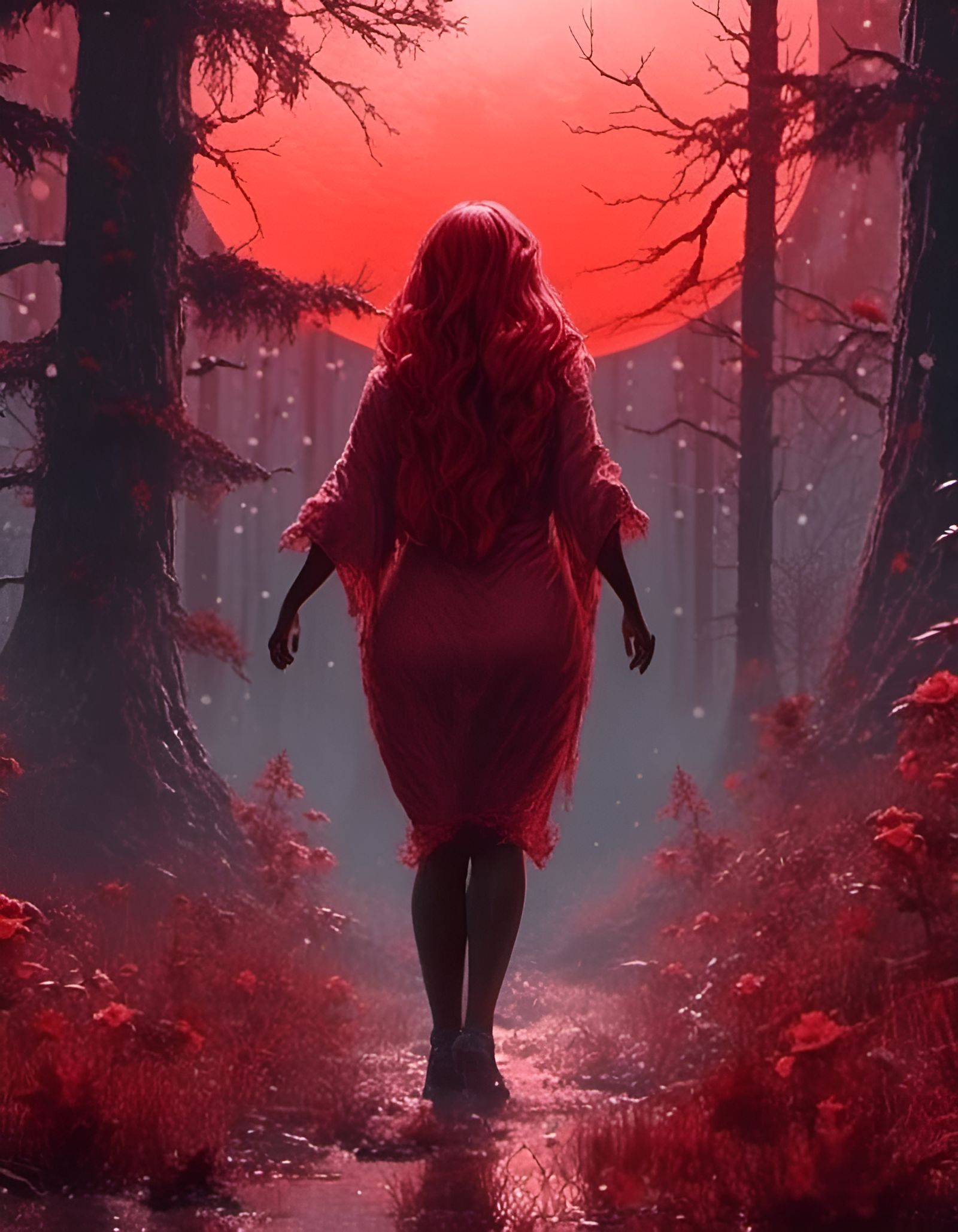 a picture of <lora:Kore:1.0> walking through a foggy forest ...