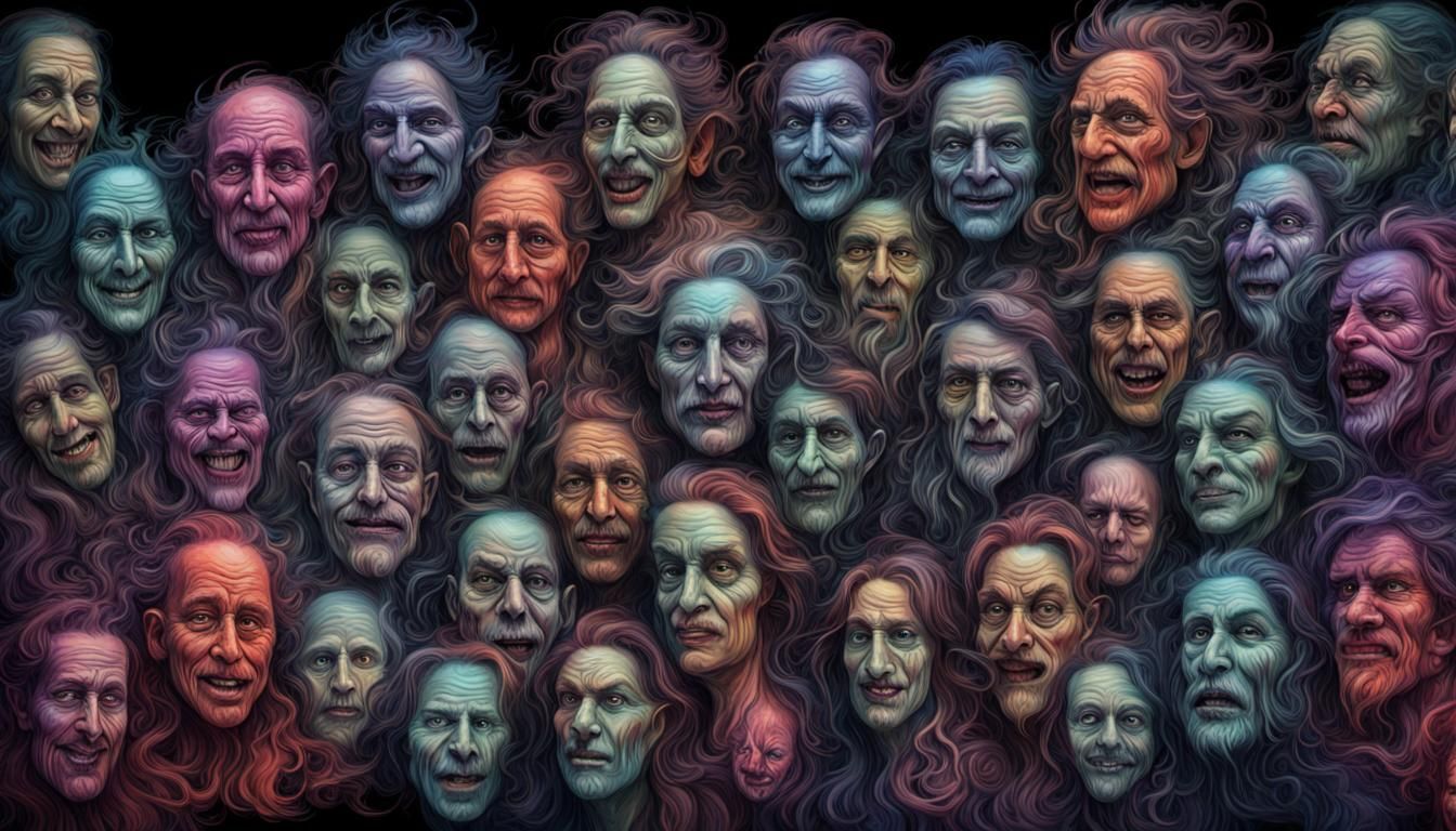 lots and lots of faces lined up in a row, creepy smiling, gh...