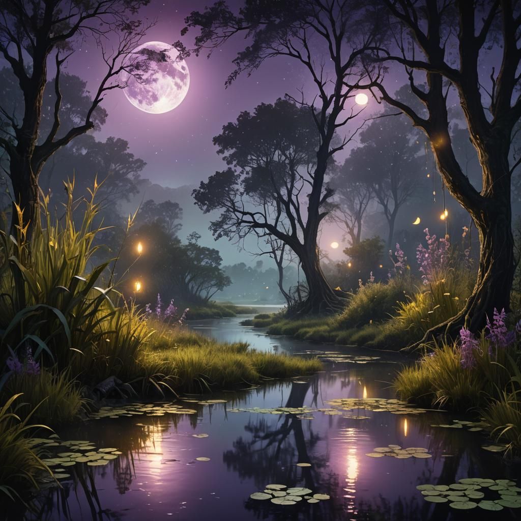 A midnight creek with a misty pond with tall grass that surrounds it with lots of fireflies and purple butterflies and t...