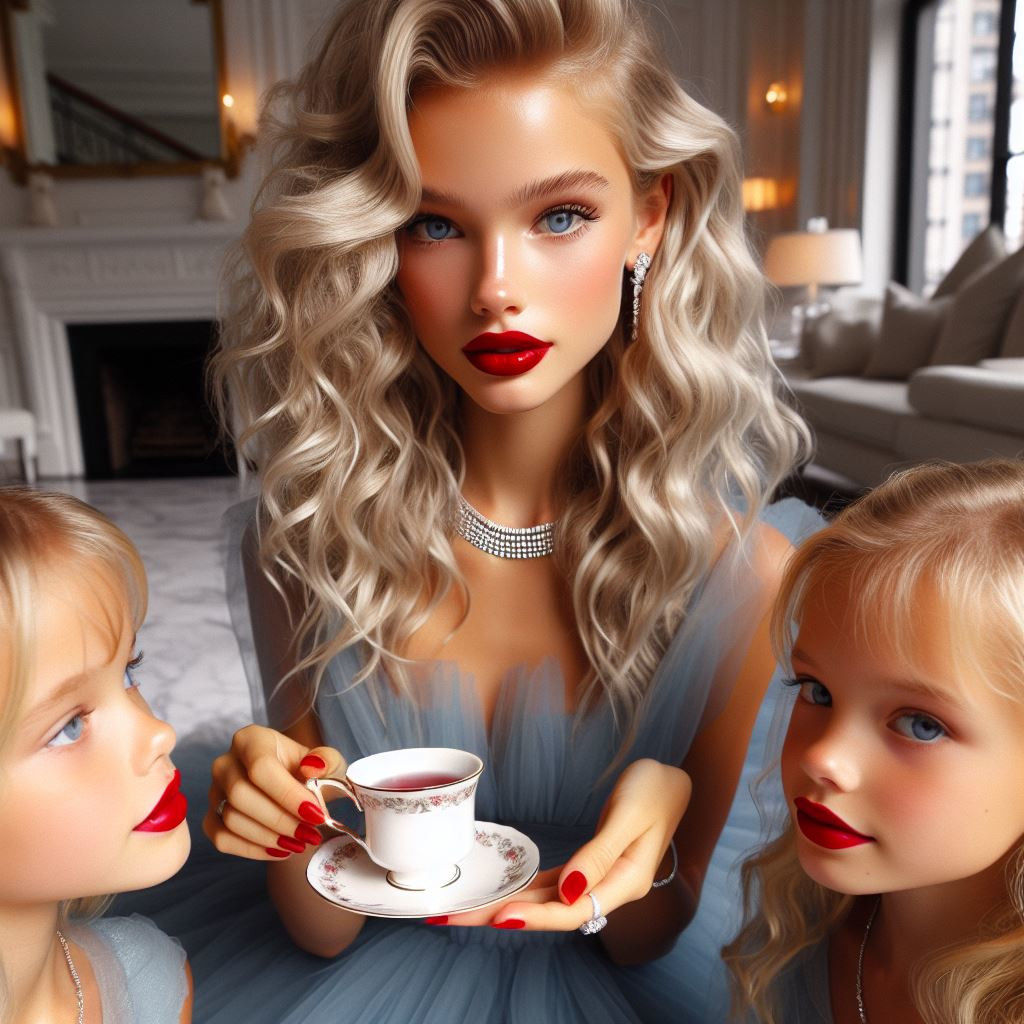 April taking tea with her luncheon guests