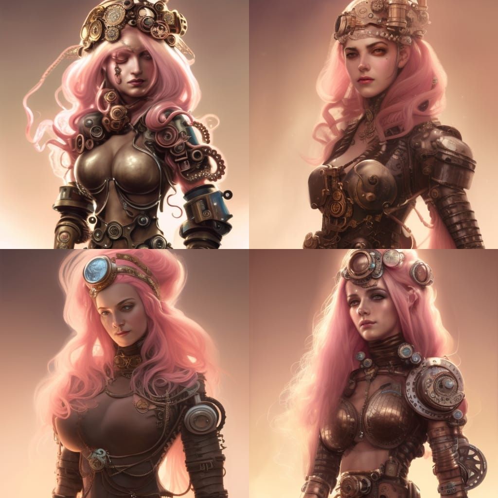 portrait of a middle-eastern steampunk woman, pale-pink hair...