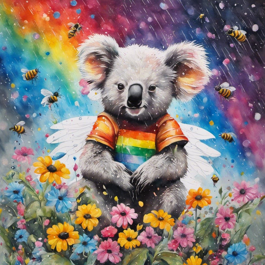 Watercolor, Angel koala, colorful flowers, bees, rain, rainbows