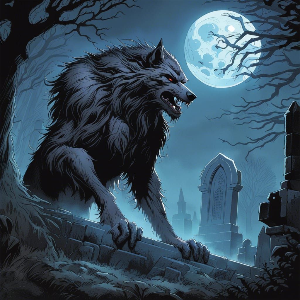 Gothic Werewolf in Graveyard Under Full Moon