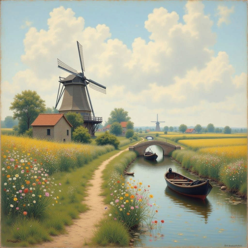 Imagine a 19th century Dutch landscape with a windmill and a small footbridge crossing a narrow waterway with a canalboat. Everything is don...