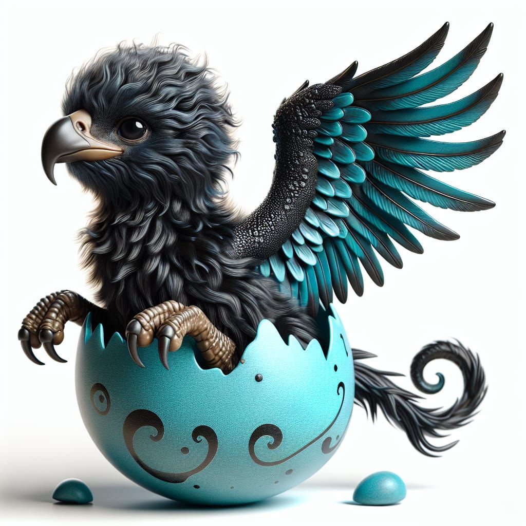 an adorable baby griffin with feathers reminiscent of ebony hatching ...