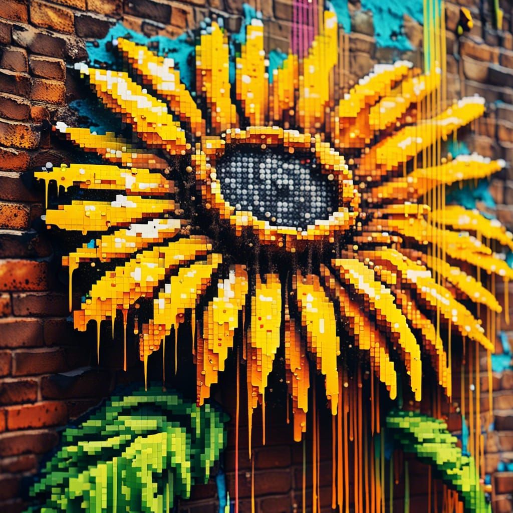 Pixel art street art on a derelict wall of sunflower on a background of paint splashes.  by @ophelia22