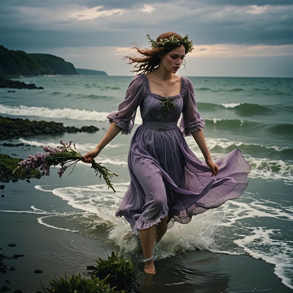 a melancholy lilac eyed meadow fairy being swept out to sea