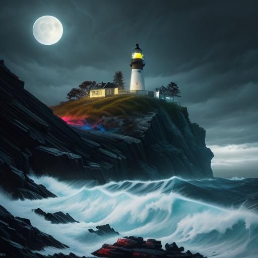 Very stormy seas on a rocky reef with a great moon in the sk...