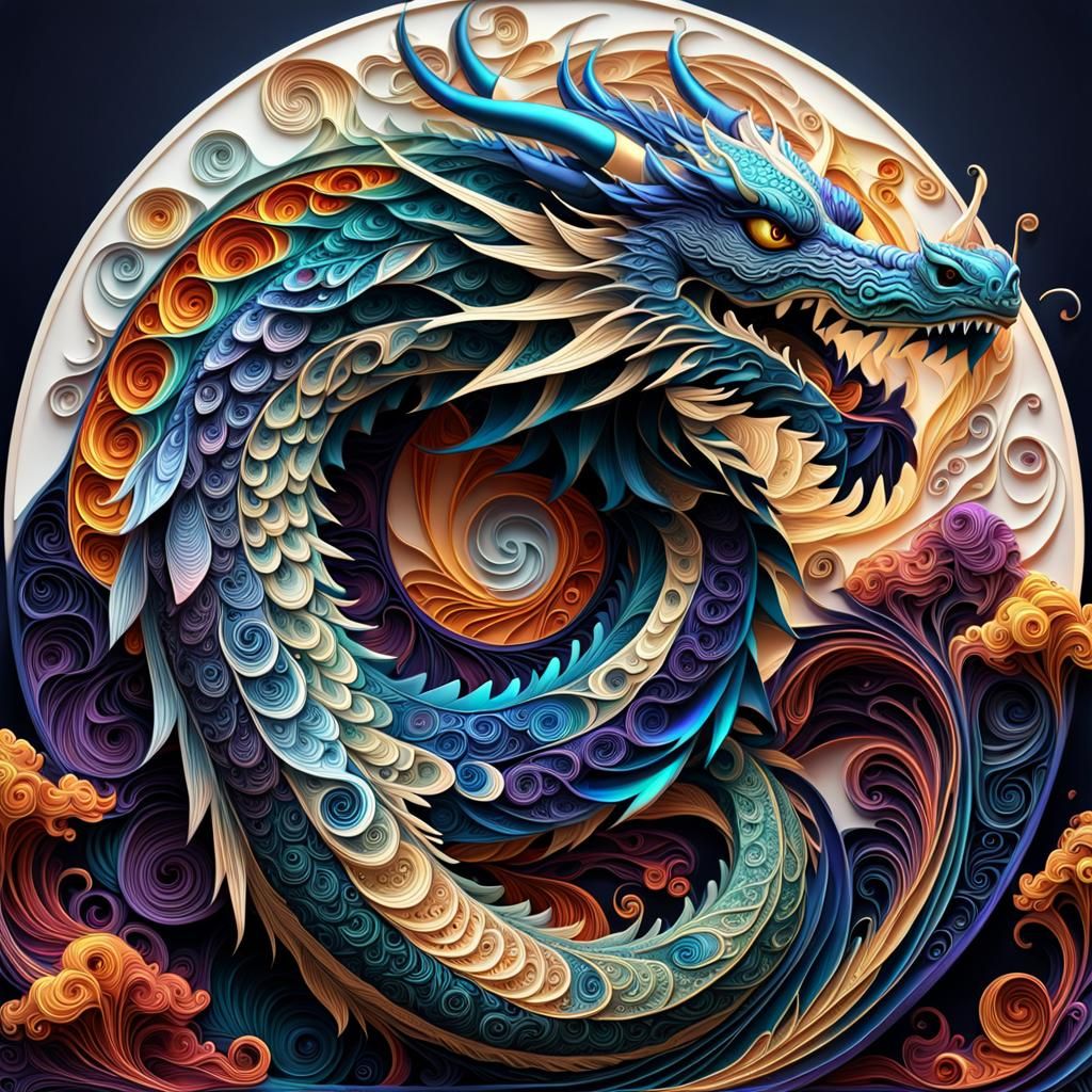 A intricate majestic lunar dragon, in shades of majestic colors, comic art quilling abstract vector fractal, ...  by @Joanne Young