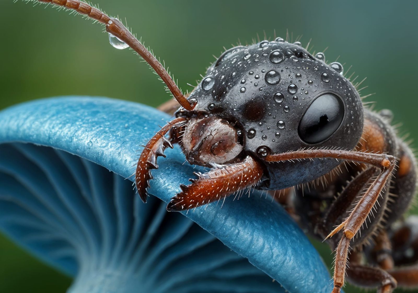 A soldier megacephala Pheidole ant on a blue mushroom  by @Doug the Old