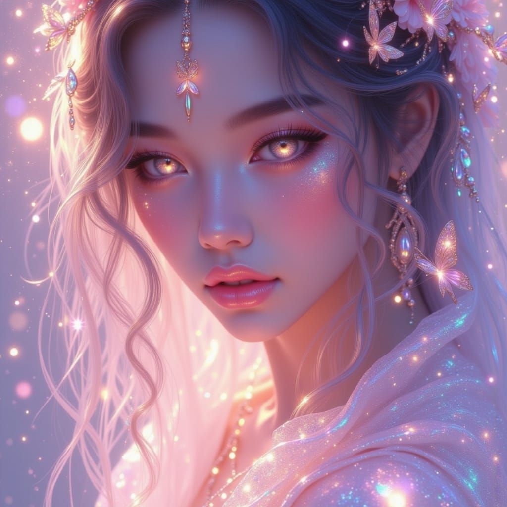 Ethereal fantasy portrait of a glowing woman, soft pastel lighting, sparkling particles in the air, delicate facial features, shimmering eye...
