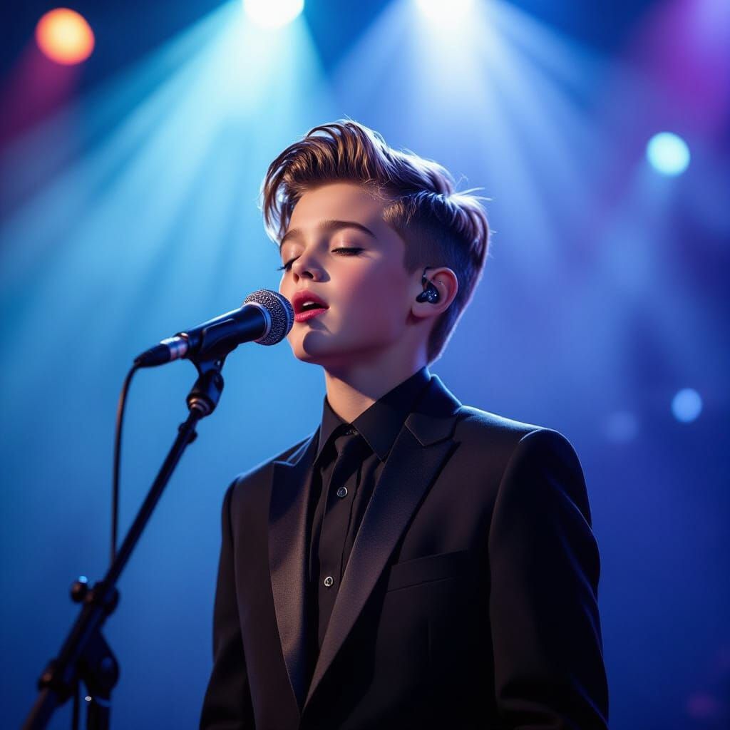Handsome Boy Sings on Stage Under Spotlight