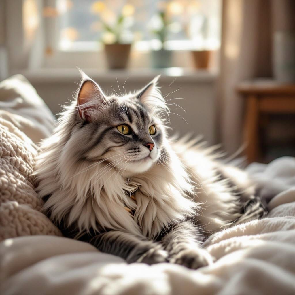A Photorealistic grey long haired cat lying in a sunbeam in the living room. Diffused background   by @Dee