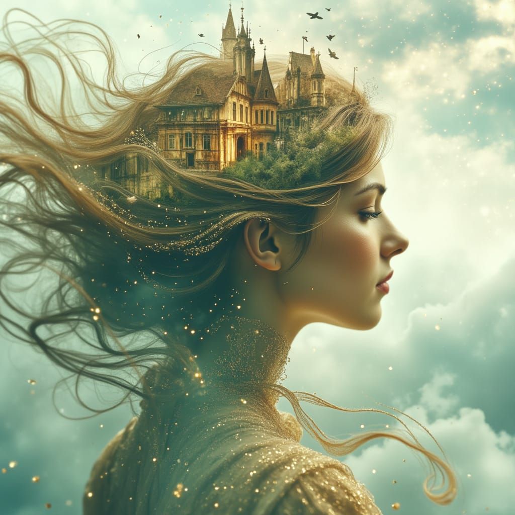 Surreal Hair Village Portrait in Dreamweaver Style