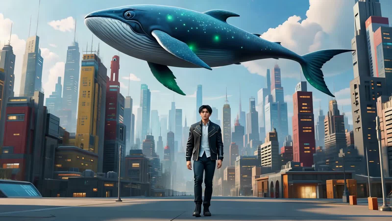 A man walking on a cyberpunk city with a bioluminescence whale hovering above him