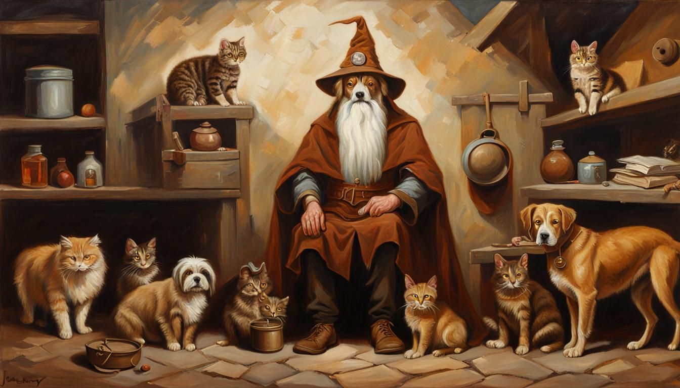 A wizard dressed in brown wearing a brown wizard's hat who i...